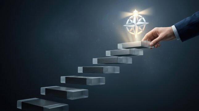 Businessman hand placing a glowing light bulb on top of a staircase made of stacked money bills