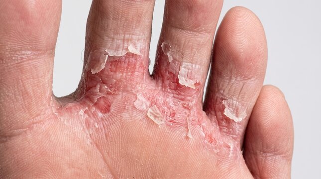 Macro close up of severe tinea pedis, athlete's foot, or peeling eczema dermatitis on human toes