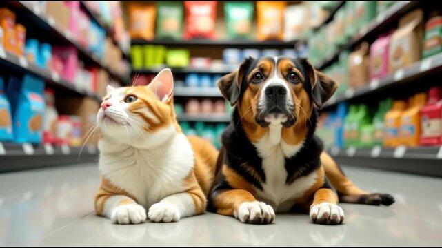 A dog and cat sitting together on the floor in a store