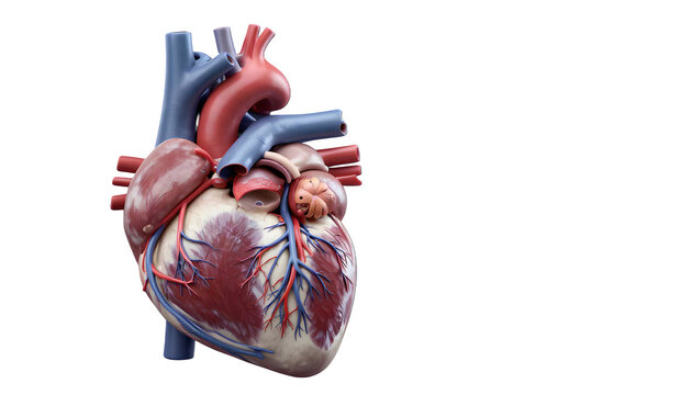 Detailed 3D anatomical illustration of human heart with photorealistic texture showing coronary arteries veins and cardiac muscle floating in dark space