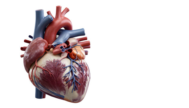 Detailed 3D anatomical illustration of human heart with photorealistic texture showing coronary arteries veins and cardiac muscle floating in dark space