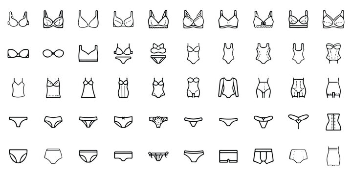 A comprehensive collection of black and white line depicting various styles of women's lingerie, bras, panties, and intimate apparel arranged in a grid pattern
