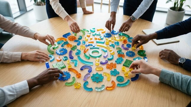 Diverse group of business professionals working together on a colorful circular puzzle on a wooden office table
