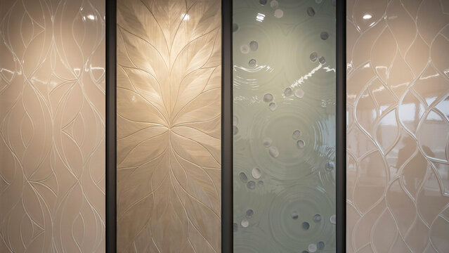 Four vertical glass panels with various embossed textures and patterns for interior