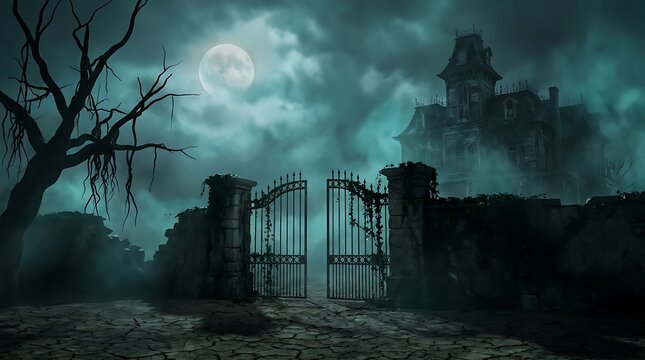 Spooky haunted mansion at night with full moon and iron gates