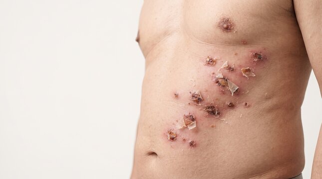 Close up of a man's torso covered with a painful, crusting shingles rash, herpes zoster viral infection