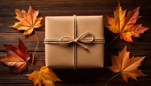 A Rustic Brown Kraft Paper Gift Box Tied With Natural Twine String Sits On A Dark Wooden Surface Surrounded By Vibrant Fall Maple Leaves Minimalist Box Brown Paper