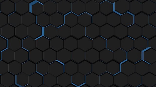 Dark 3D honeycomb background featuring tightly packed black hexagonal panels with subtle beveled edges