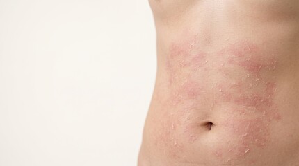 Naklejka premium Close Up of Torso Abdomen with Severe Red Eczema Rash and Peeling Skin