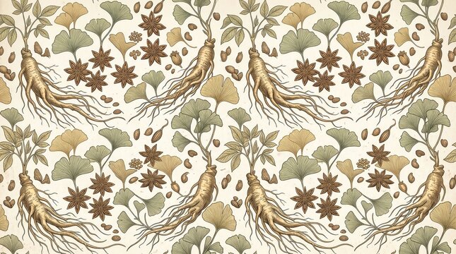 Seamless pattern illustration featuring ginseng roots and floral elements