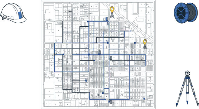 Fiber Optic Network Blueprint City Cadastral Map Vector Icon Set with Hard Hat Cable Spool and Land Surveying Total Station Symbols