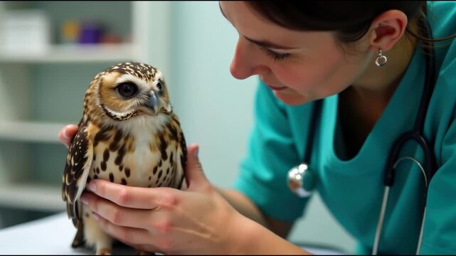 A woman in a green shirt is holding an owl, suitable for nature and education related content