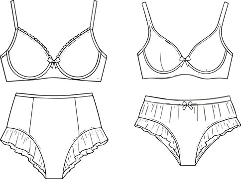 Hand drawn of two different sets of women lingerie including bras and panties with ruffles and bows on a white background, for fashion collection