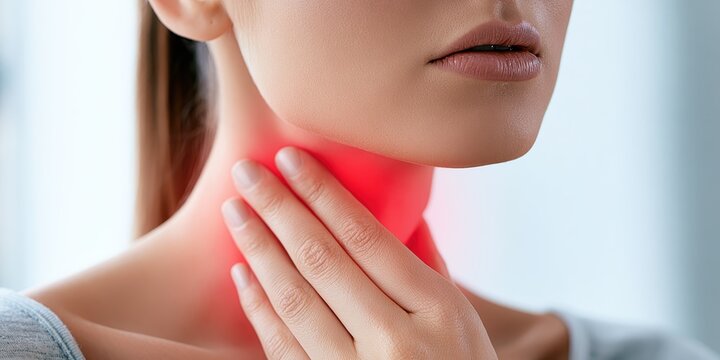 Woman touches neck to thyroid gland disease symptoms. Glowing red sign on throat. Endocrine inflammation hypothyroidism goiter node or larynx pain. Lymph node screening, hormones. Awareness campaign