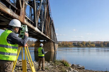 Obraz premium Surveyors measure distance on bridge with instrument