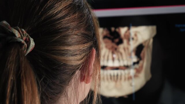 Dentist examining a three dimensional dental CBCT scan on a computer monitor. Modern digital imaging used for diagnosis implant planning and dental treatment. High quality 4k footage