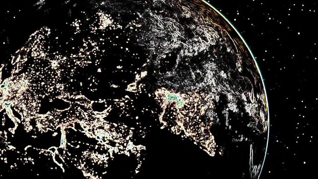 Earth glows with artificial city lights across the dark continents as seen from deep outer space.