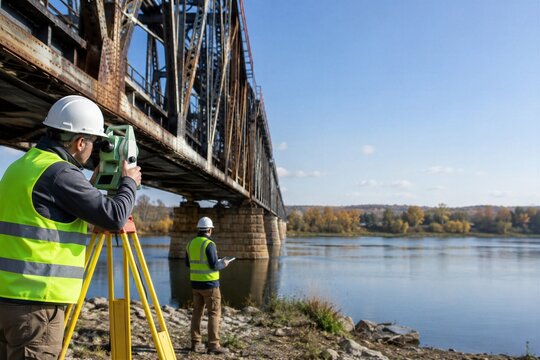 Surveyors measure distance on bridge with instrument