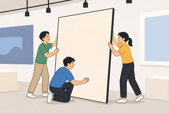Three Colleagues Installing a Blank Exhibition Panel