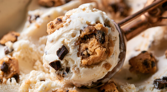 Vanilla ice cream with chocolate chip cookie dough bits, frozen delight. A creamy, milky snack where cocoa chips and baked bits mingle inside. A delectable, chilled delight