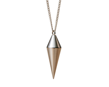 Single double sided bronze metal cone hanging pendant suspended on transparent background PNG element