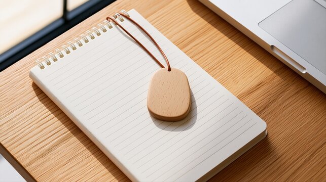 Wooden dog tag hanging on string resting on white lined notebook page surface wood grain texture