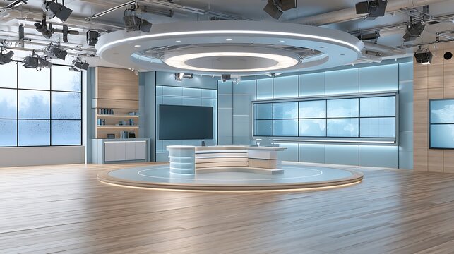 Modern news studio with professional lighting and a large digital screen background. Perfect for broadcast production or corporate presentation concepts.
