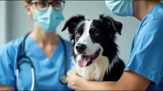 A black and white dog wearing a medical mask for protection
