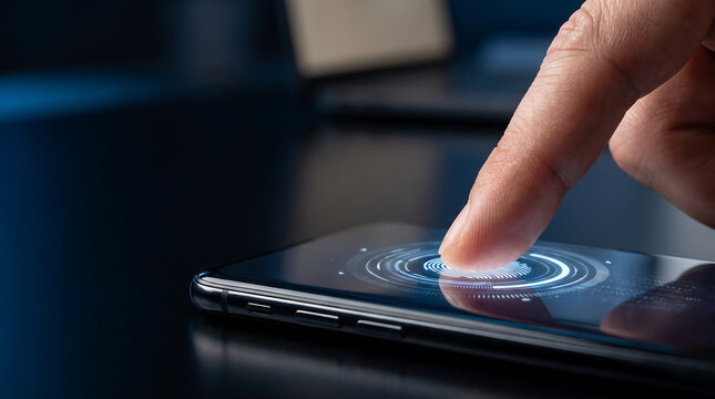 Finger touching smartphone screen to activate fingerprint scanner biometric security feature with touch screen fingerprint sensor mobile security digital authentication phone unlock