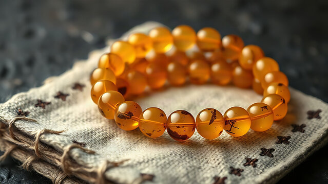 Honey-colored resin bead bracelet on linen cloth, organic plant inclusions, dark slate background, amber tones, jewelry presentation