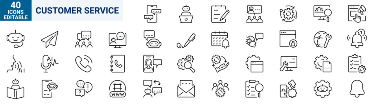 Customer service set of web icons in line style. Help and support. Support and service icons for web and mobile app. Online help, assistance, customer, service and more. Modern outline icons with edit