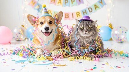 Fototapeta premium Funny Dog and Cat Tangled in Bright Birthday Ribbons