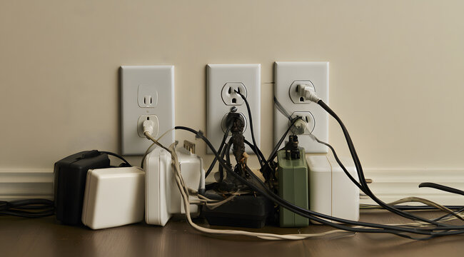 With multiple power adapters plugged into overloaded wall outlets and exposed cables that are not properly wired, there's a risk of overheating, fire, and electrical hazards in the home.