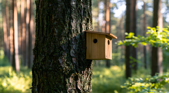 Wooden nesting box was fixed to the forest tree trunk. It provides a nature habitat for wildlife and fauna. The bird house is in a green woodland environment.