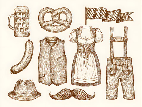 A set of hand-drawn Oktoberfest-themed illustrations, featuring a beer mug, pretzel, sausage, dirndl, lederhosen, hat, flag, and mustache, created in brown ink on a cream-colored background