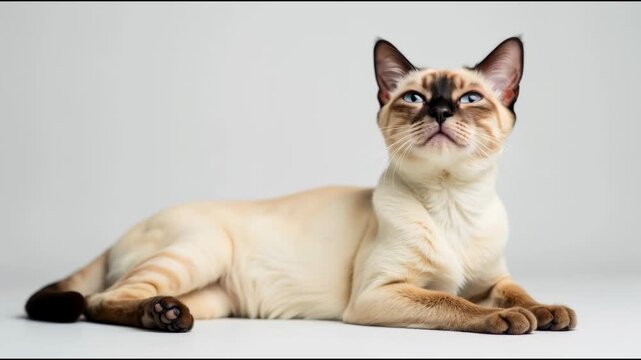 A Siamese cat with bright blue eyes is laying down