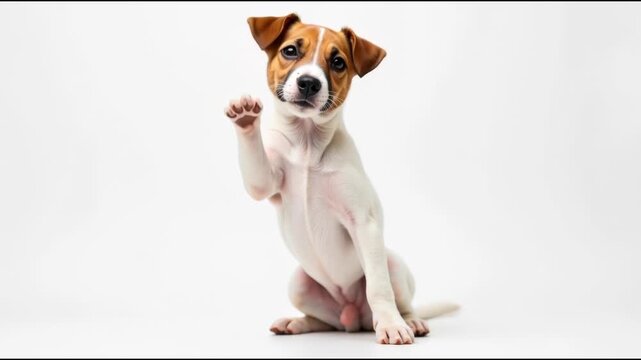 A brown and white dog sitting on its hind legs, looking alert and playful