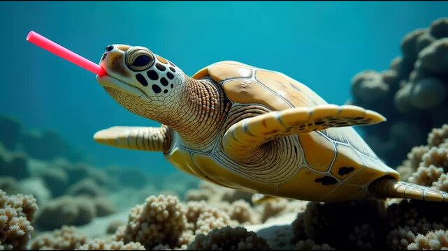 A sea turtle with a plastic straw stuck in its mouth, a symbol of pollution and environmental awareness