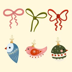 Fototapeta premium Christmas Bird Ornaments and Ribbon Bows Set