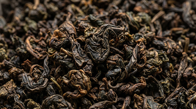 macro view of dried oolong tea leafs texture