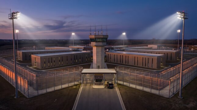 Panopticon Prison Aerial Dusk Octagonal Tower Cell Block Wings Security Infrastructure