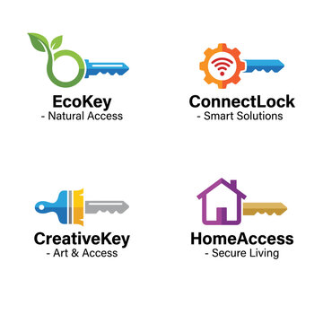 This collection features four unique key logos emphasizing eco-friendly designs, access solutions, and artistic concepts perfect for various industries or services.