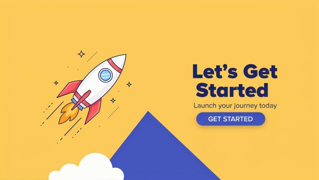 Cartoon rocket launching upwards represents a new business venture or successful project startup, presented on a vibrant yellow.