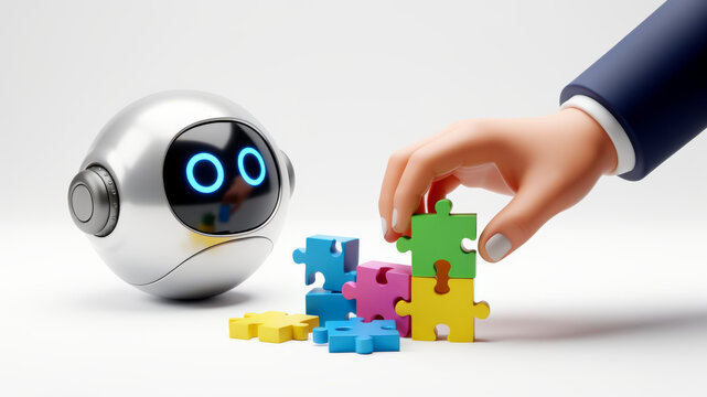 Human hand placing bright puzzle piece beside friendly small robot on white background representing AI assistance problem solving collaboration learning and intelligent automation