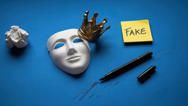 A white mask with a gold crown and fake label on a blue background