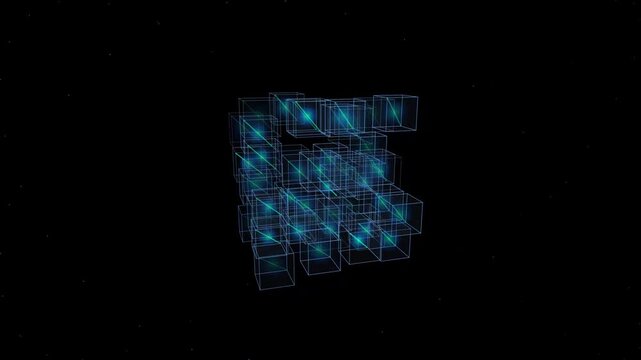Abstract Technology Cube Network with Glowing Nodes on Black Background