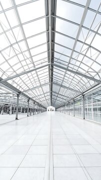 Modern glass atrium interior with escalators and people.
