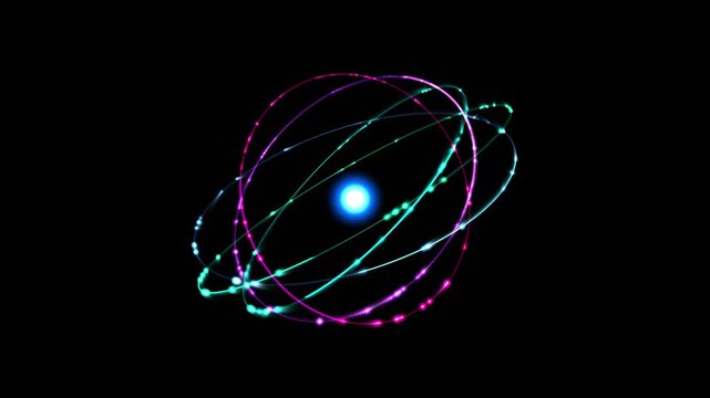 Atom Model with Glowing Nucleus and Colorful Electron Orbits on Black Background