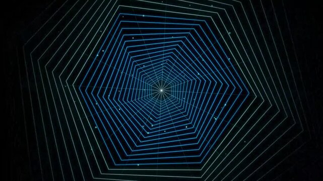 Blue Neon Hexagon Tunnel with Rotating Geometric Lines on Black Background