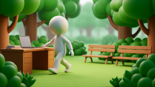 Whimsical green office campus filled with trees pathways and tiny workers presenting biophilic workplace design outdoor collaboration employee wellbeing and creative community